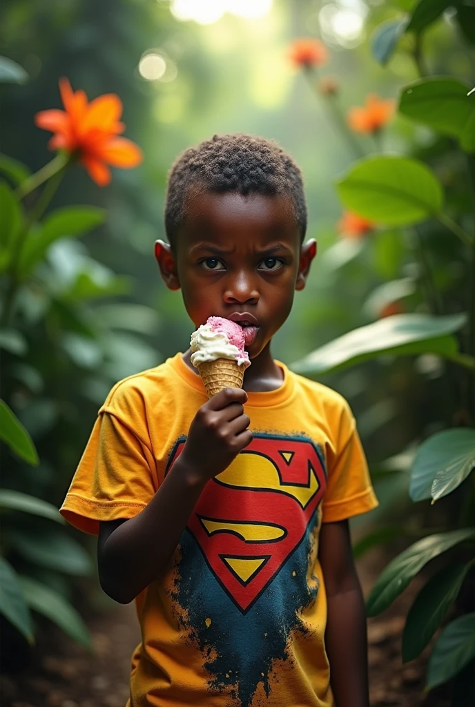 Angry african boy licking