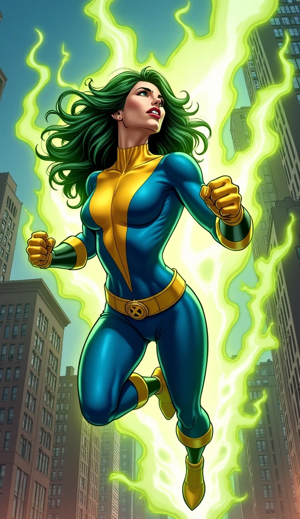 Lorna Dane, polaris x-men, (she perform a punch profile side pose:1.6), (green thick wavy long hair:1.4), (huge breast:1.6), wearing a blue costume, big yellow in the chest and stomach, with yellow xmen belt, yellow glowes, yellow boots, flyqaing in New York city, (she's surrounded by a green energy:1.5), (comic style:1.4) 