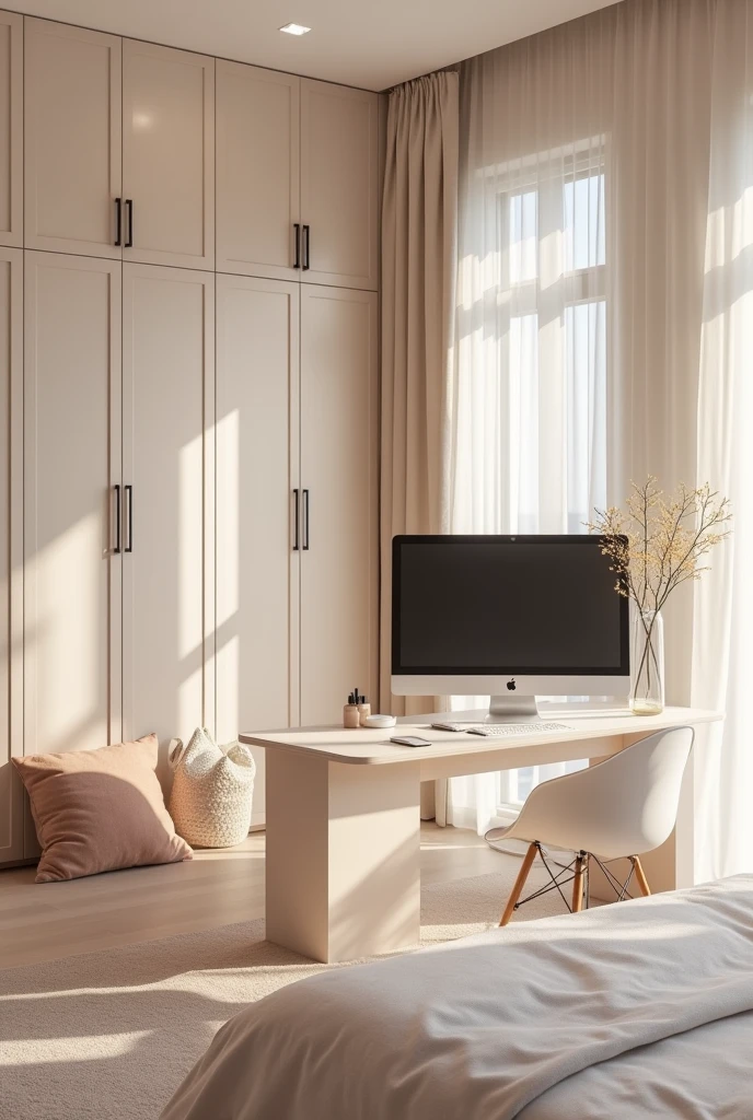 aesthetic pastel interior bedroom with a computer set up and and flat screen tv and closet and vanity