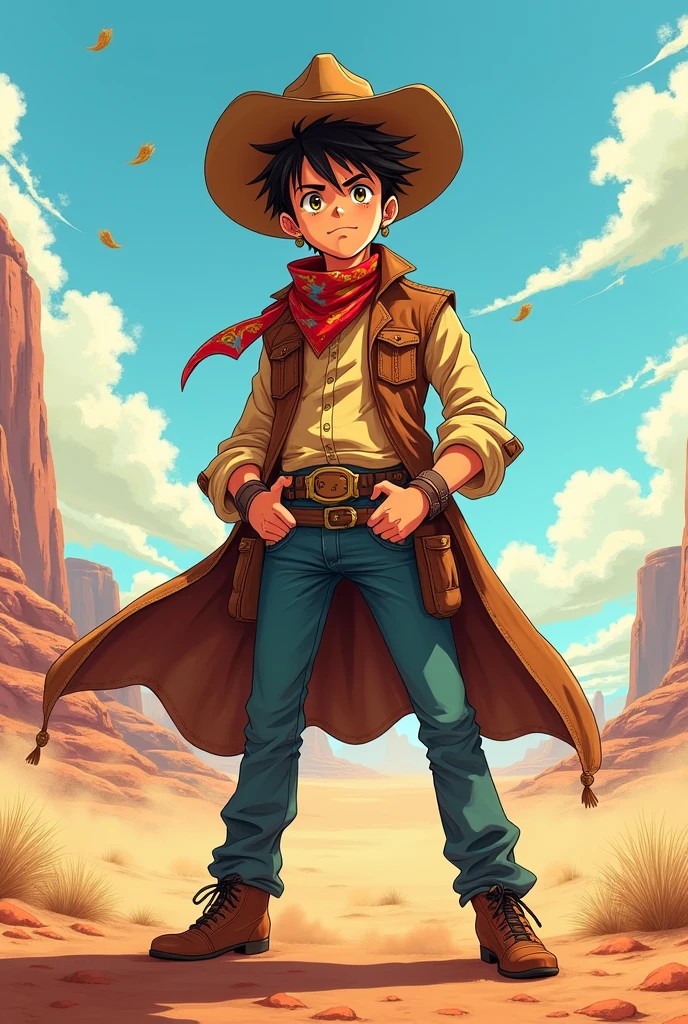 Now make this same image, but with the cowboy with more anime style.