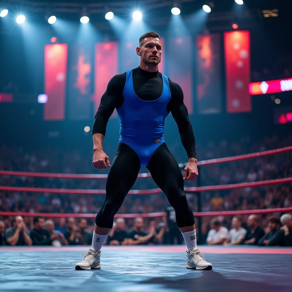 Best image quality, Ultra-high resolution, photograph,1 male,Long legs, Blue tight wrestling singlet,Black long sleeve high neck compression shirt,Black long tights,White socks that come down to mid-calf,White sneakers,
