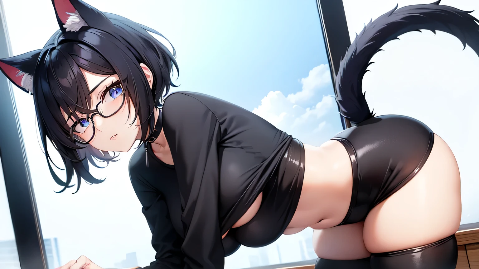 1girl, short hair, black hair, pony tail, blue eyes, choker, large breasts, under boob, side view, from the side, cropped hoodie, cat ears, cat tail, Black leggings, black yoga pants, slim waist, skinny, glasses, standing and bending over, bending at the waist, mouth open, indoors, window open, moonlight, best quality, thick thighs,