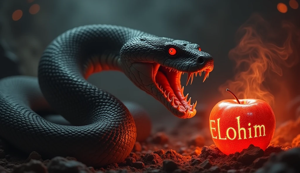 a large python snake with its mouth open, attempting to attack, looking ahead, The snake's tail is wrapping around a glowing apple., in the midst of an intense darkness of hell, surrounded by a lot of fire, The apple has letters written on it that say Elohim, The python snake staring with red eyes, moving darkly., The snake has its mouth open., the snake coiling around the apple, abundant fire, The apple has letters written on it that say Elohim.