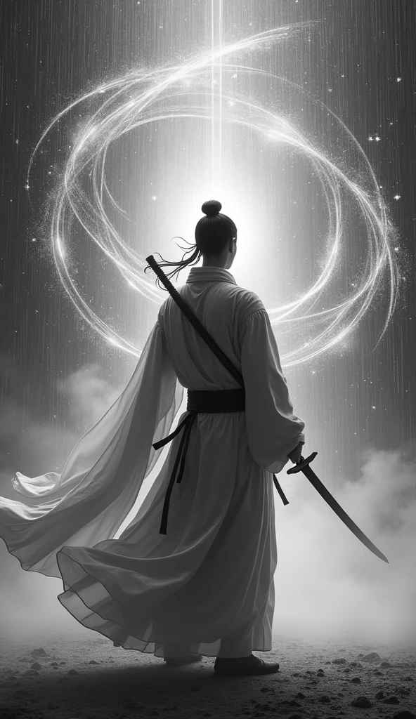 ((masterpiece))，(最high quality))，Vision，ambient lightning，Sword Rain，Young Taoist monk，Infinite Sword System，Glow effect，Ultra-realistic，Ultra-photorealism，Chinese black and white ink style，Black and White，Decolorization，Dirt，ink，8k，Ultra-fine，high quality