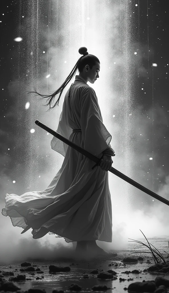((masterpiece)),(最high quality)),Vision,ambient lightning,Sword Rain,Young Taoist monk,Infinite Sword System,Glow effect,Ultra-realistic,Ultra-photorealism,Chinese black and white ink style,Black and White,Decolorization,Dirt,ink,8k,Ultra-fine,high quality