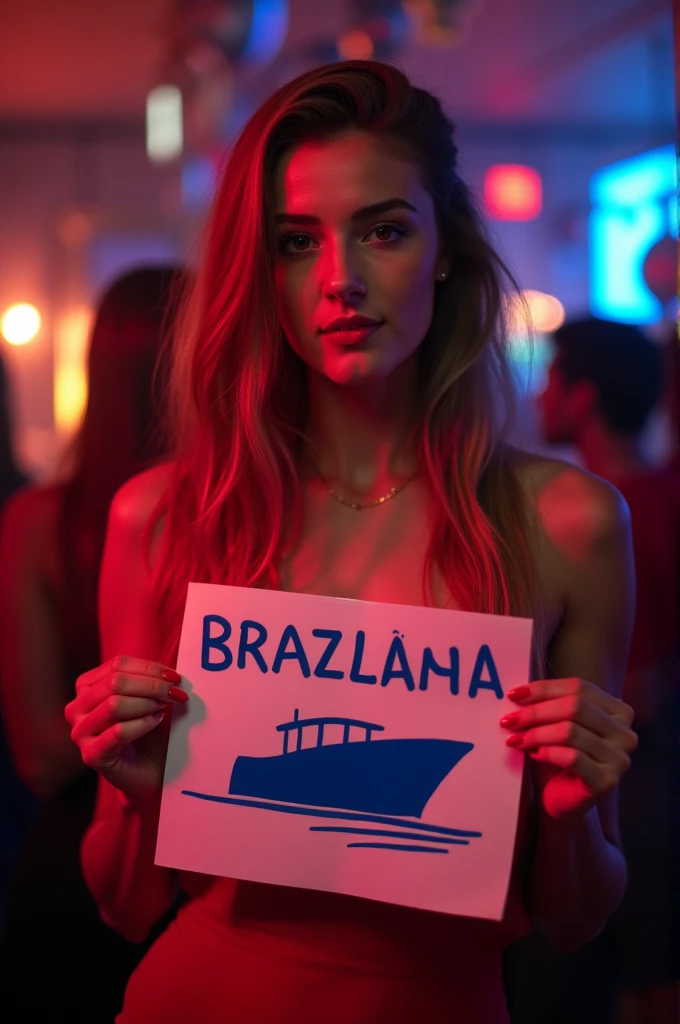a woman dressed in red in a nightclub holding a sign that says Brazilian Portuguese: blue boat