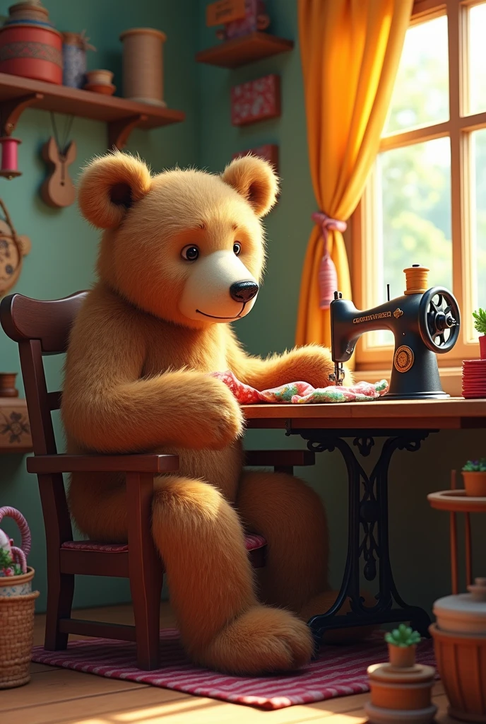 realistic bear sitting on a chair, sewing with a sewing machine in a sewing workshop with warm colors and cozy atmosphere