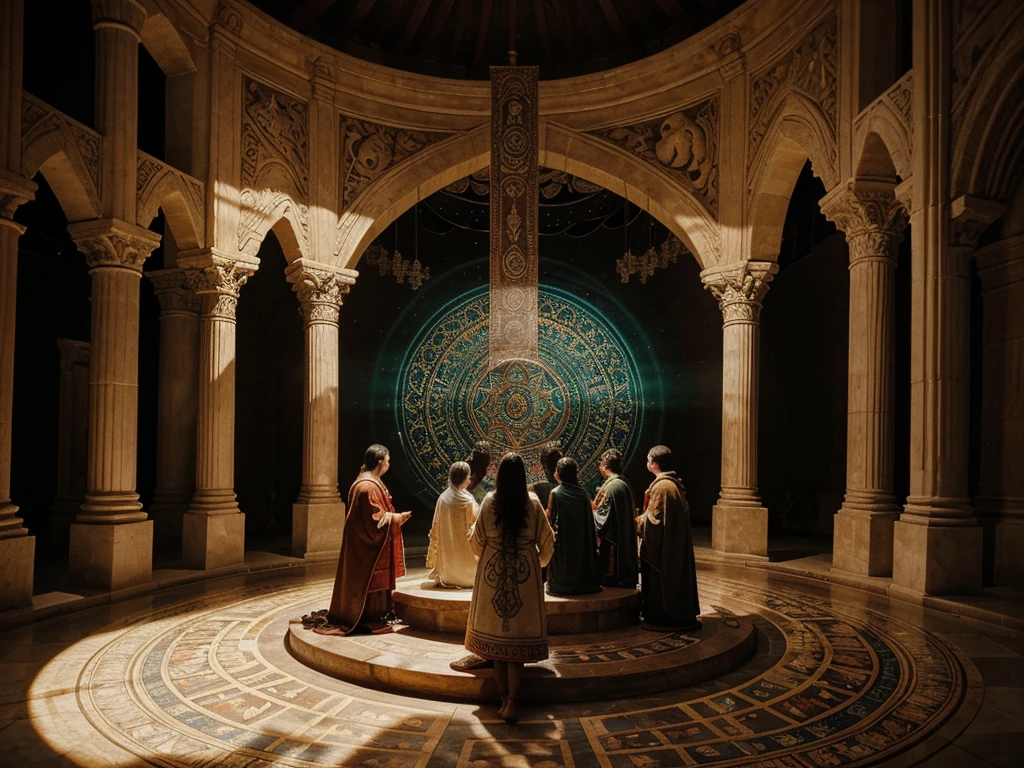 In the center of the painting, a group of robed figures stand in a circle around a glowing, intricately carved stone altar. The scene is rendered in rich, vibrant acrylic colors, capturing the ethereal beauty of the ancient ritual. Details are meticulously defined, showcasing the mysterious symbols etched into the altar and the delicate embroidery on the figures' robes. The image is a mesmerizing and intricate painting that evokes a sense of wonder and reverence, inviting viewers to immerse themselves in the enigmatic world of the ritual.