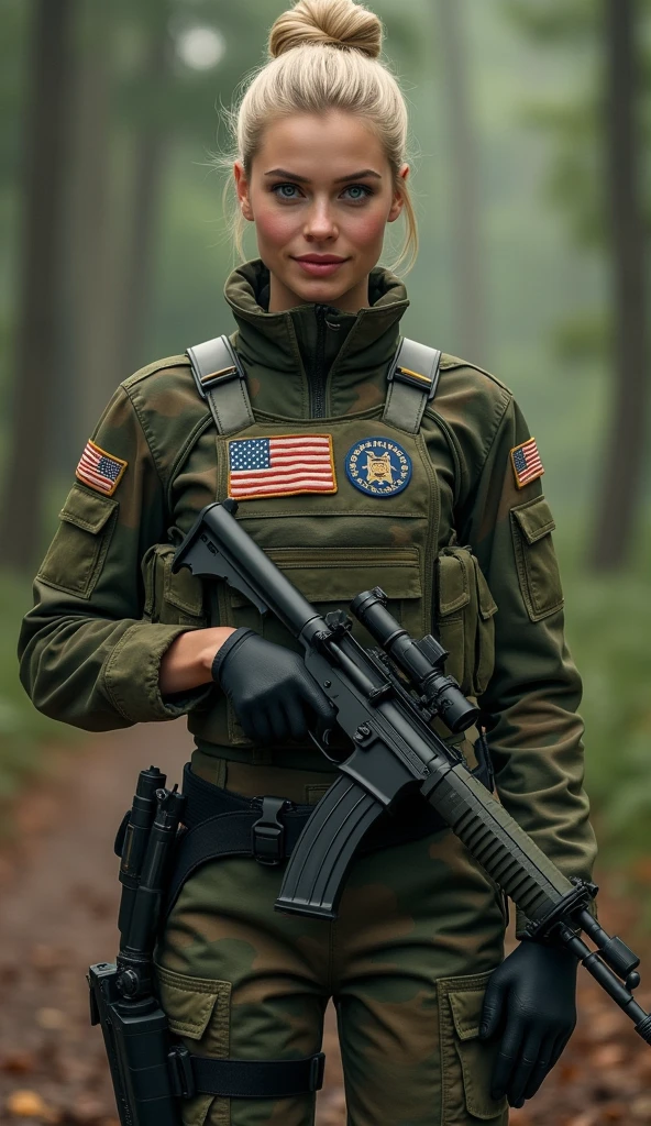 Front view, whole body, Are standing, View your viewers, one woman is a Danish princess, White women ,Year: 20-year-old, Blonde, Hair Bun, Detailed blue eyes,A small smile,((( Denmark military Camouflaged uniform set:1.3))), (Camouflaged glove:1.3), (((Green Beret))), equipped with two pistols, In combat, Realistic uniforms, fit, Chest protection, US military, Camouflaged, American Putter, American patch bulletproof vest, covered skin, Bulletproof vest, arms, gun, (((assault rifle M4a1, M4A1 Topol, Are standing))), Enter the battlefield, forest, Accurate, Anatomically correct, Textured skin, Super Detail, Attention to detail, high quality, 最high quality, 4K,