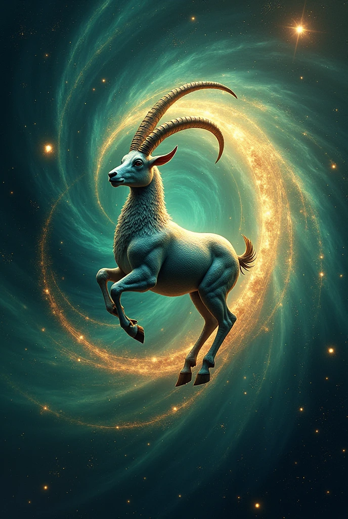 **1. Constellation and Galaxy:** The constellation of Capricorn is represented by a mystical goat with the back of a fish. The goat is positioned at the center of a spiral galaxy or in a majestic nebula, with its horns curving around the stars.

**2. Cores e Efeitos:** The background is a mixture of rich tones like emerald green, Golden and deep blue, with a soft glow reminiscent of elegant and mysterious space. The nebula may have golden and silver nuances, imitating metallic shimmer.

**3. Additional Elements:** Include details such as a trail of stars that follows the goat's movement, and perhaps small constellations or asteroids that enhance the sense of grandeur. The goat may have an ethereal glow, as if immersed in cosmic energy.

**4. Texture and Style:** Use a style that blends fantasy and science elements, with textures that simulate both the surface of a planet and the smoothness of a star field. The image should have a majestic and imposing aspect, reflecting the strong and determined nature of Capricorn.