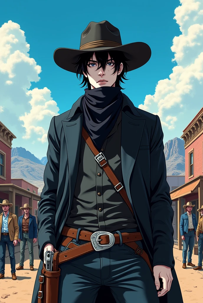 Anime shooting wallpaper: American OLD West Cowboy, white-skinned, Black hair and eyes, with a black bandana over his mouth, black hat, dark clothes, a holster with a Peacemaker revolver. Against ordinary cowboys. EXTRA anime style.