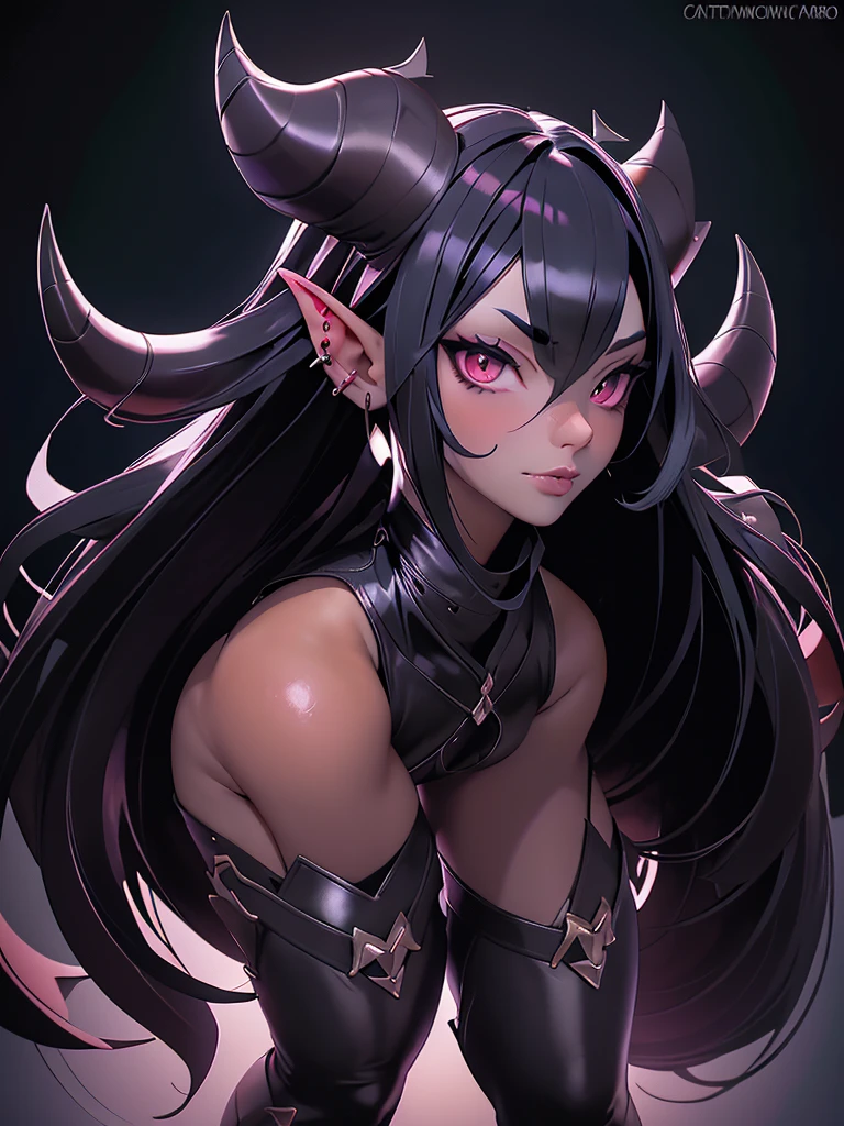 a dark-haired succubus woman, elegant detailed face, piercing gaze, full lips, sharp cheekbones, long eyelashes, ((small fine horns)), full body pose, tight leather outfit, seductive pose, dramatic lighting, dark moody atmosphere, cinematic high quality, intricate details, photorealistic, dramatic colors, chiaroscuro lighting