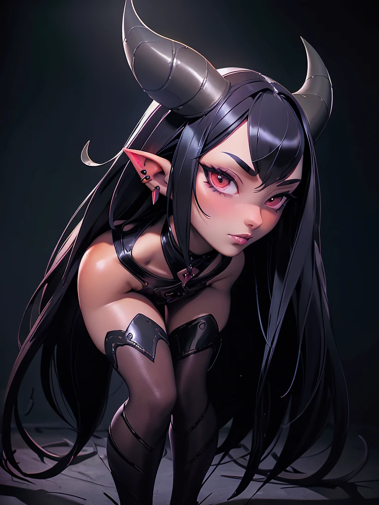 a dark-haired succubus woman, elegant detailed face, piercing gaze, full lips, sharp cheekbones, long eyelashes, ((small fine horns)), full body pose, tight leather outfit, seductive pose, dramatic lighting, dark moody atmosphere, cinematic high quality, intricate details, photorealistic, dramatic colors, chiaroscuro lighting