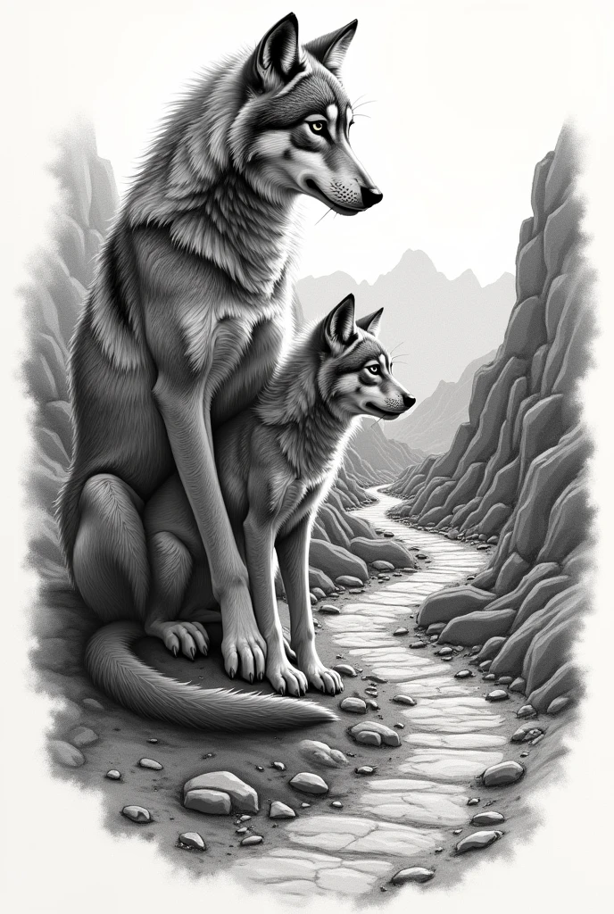 A picture of a she-wolf and a wolf cub who have gone through a difficult road called life, a sketch for a tattoo 