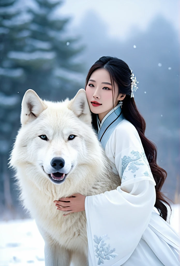 Korean woman, beautiful, pure white ancient Chinese dress  hugging a big white wolf beside her in the snowy field, It's snowing., The orange evening sun's shadow shines in the background.
