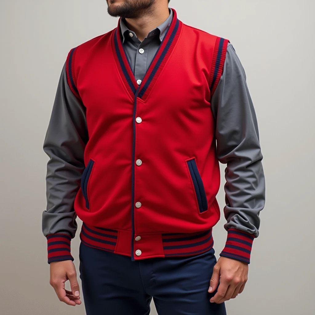 Red school uniform, with a thick navy blue stripe above the knee, Red jacket with grey sleeves