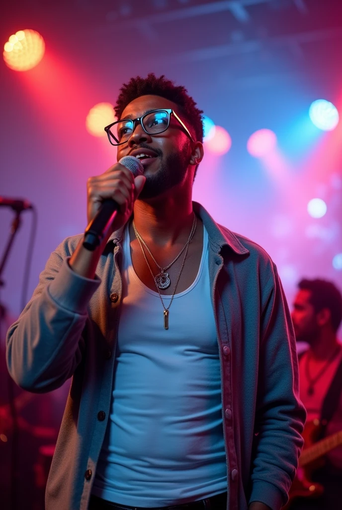 A WHITE man in the Brazilian funk style wearing strong square glasses with a white tank top wearing a gray sweatshirt over it open singing into the microphone at a funk show