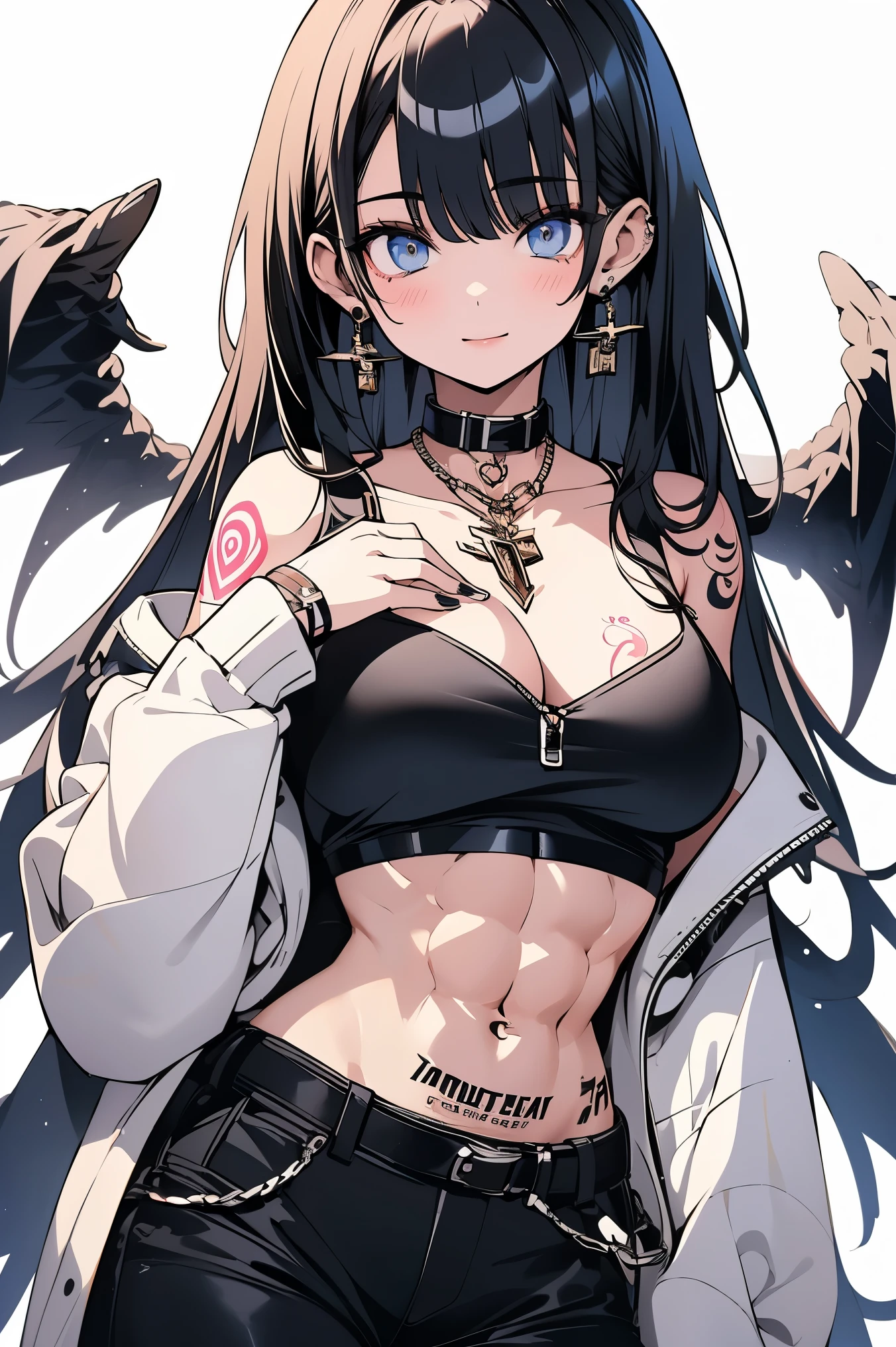 Best quality, masterpiece, ultra high res, (masterpiece), raw photo, 1girl, Beautiful young busty, bare chest, (((chest tattoo))) , (((abs))), beautiful young woman, women's fashion model, sexy look, big cleavage, sexy pose, black hair, off shoulder, huge cleavage, white skin, pale skin, narrow waist, crop top, off shoulder crop top, beautiful eyes, perfect eyes,