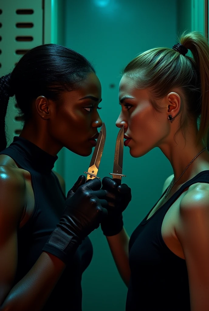 Two female assasins, one african and the other russian, trapped together in a locker, honds on rachothers mouth while they hold knives to eachothers throat, both have j cup boobs