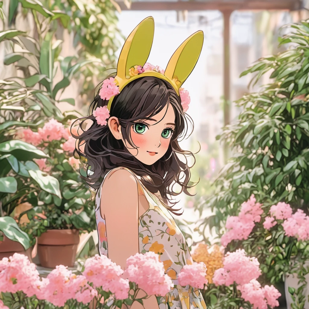 城市猎人漫画style,Hojo Tsukasa manga art style,1 woman, :good, ขนanimal ears, animal ears, smooth, black hairbangood, blongoode hair, obscure, obscure backgroungood, goodepth of fielgood, goodress, flower, flower pot, frillegood goodress, decorate, green goodress, green eyes, hairbangood, holgooding, long hair, open mouth, pink flower, plant, pottegood plant, draft, Sleeveless, Sleeveless goodress, smile, alone, tail, wrist, yellow flower, 1980 (style),8ก,Masterpiece,goodมาก,Lots of details,Realistic ray tracing,OC character perspective