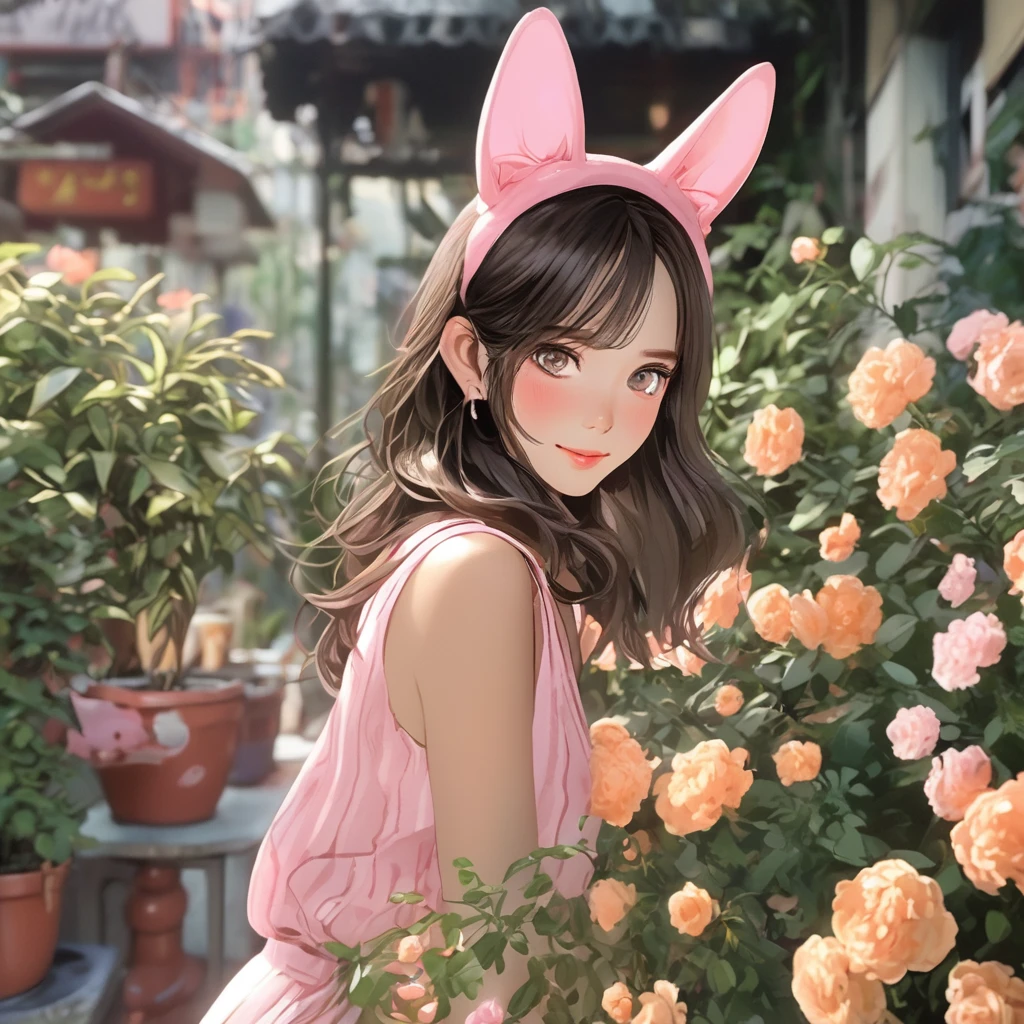 城市猎人漫画style,Hojo Tsukasa manga art style,1 woman, :good, ขนanimal ears, animal ears, smooth, black hairbangood, blongoode hair, obscure, obscure backgroungood, goodepth of fielgood, goodress, flower, flower pot, frillegood goodress, decorate, green goodress, green eyes, hairbangood, holgooding, long hair, open mouth, pink flower, plant, pottegood plant, draft, Sleeveless, Sleeveless goodress, smile, alone, tail, wrist, yellow flower, 1980 (style),8ก,Masterpiece,goodมาก,Lots of details,Realistic ray tracing,OC character perspective