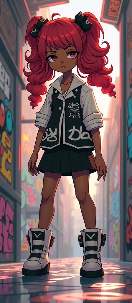 Danganronpa full body sprite of a black girl with red hair, wearing a black and white vest with black skirt