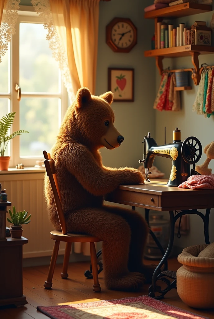 realistic bear sitting on a chair, sewing with a sewing machine in a sewing workshop with warm colors and cozy atmosphere