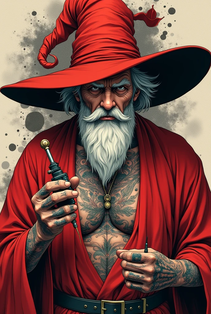 Create a character design for an old male anime wizard holding a tattoo machine for a tattoo studio logo. His name is Bruxo, he wears red clothing, and has tattoos. The image should only be from the chest up. , He has a big red anime wizard hat, 
