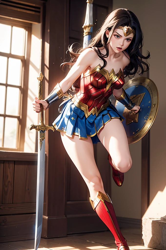 full body Wonder Woman with skirt, sword and shield in attack pose
