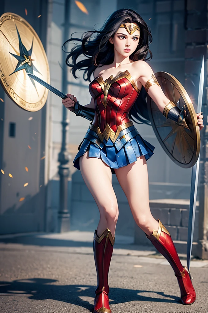 full body Wonder Woman with skirt, sword and shield in attack pose
