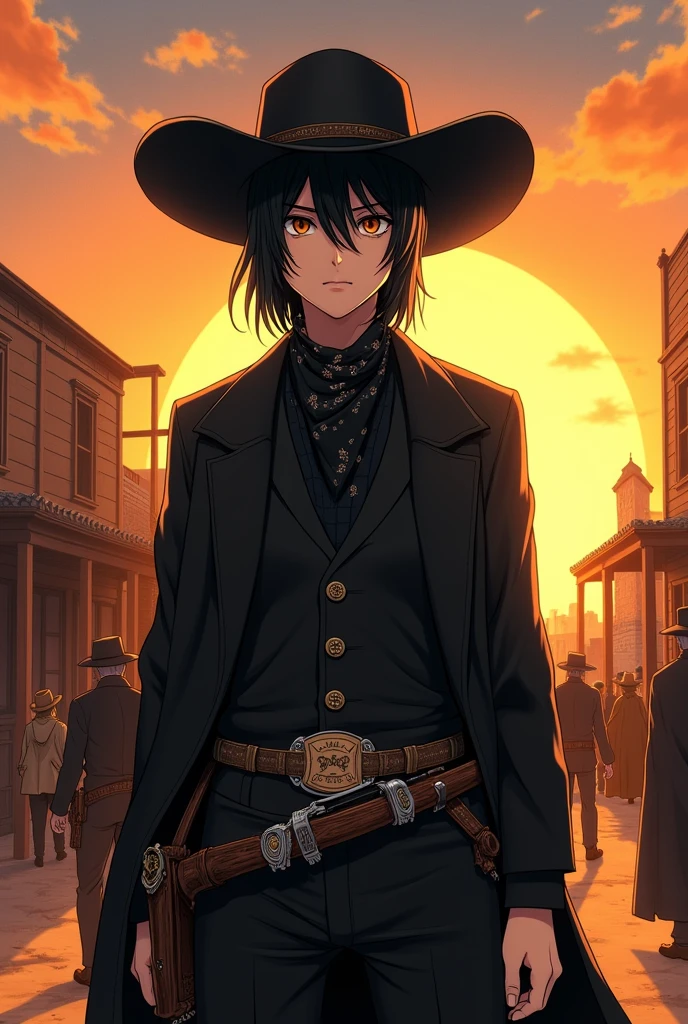 Anime shooting wallpaper: American OLD West Cowboy, white-skinned, Black hair and eyes, with a black bandana over his mouth, black hat, dark clothes, a holster with a Peacemaker revolver. Against ordinary cowboys. EXTRA anime style. Rounder face.
