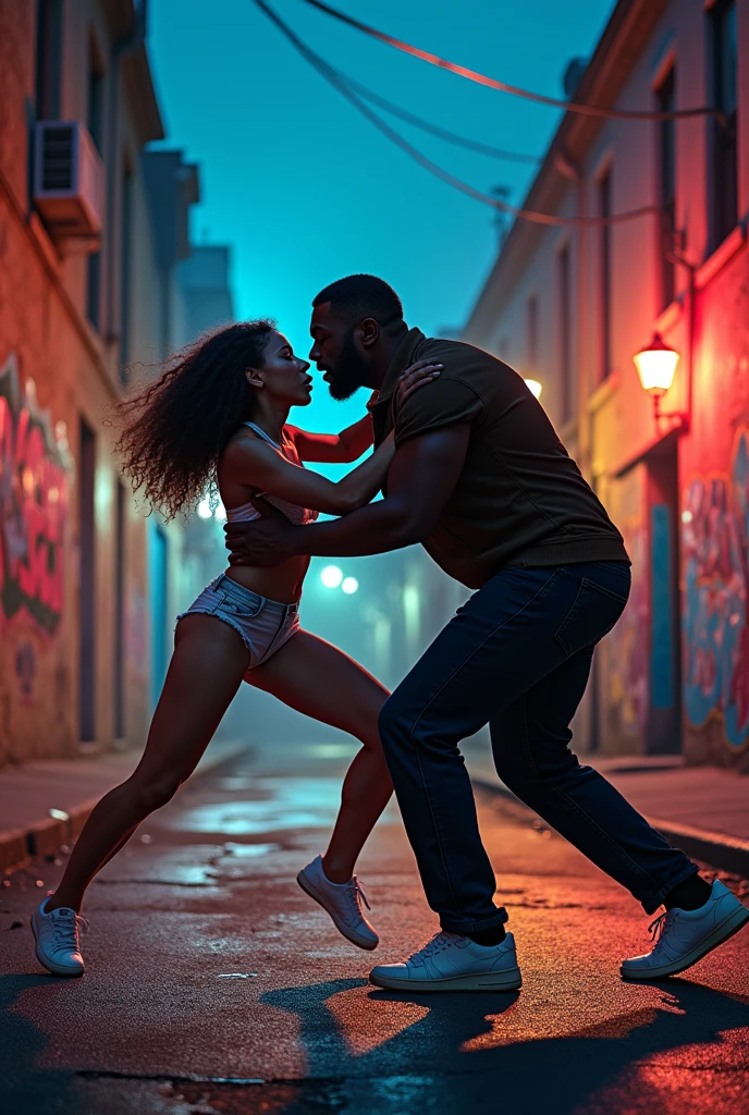 Create an image of two friends fighting, one blacker than night and the other whiter than snow, One is obese and the other is skinny like a stick, they were fighting because one is gay and the other is a lesbian,Black is male and white is female.
