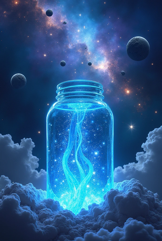 *1. Constellation and Galaxy:** The constellation of Aquarius is represented by a large cosmic jar that is pouring a stream of stars and liquid light into space. The scene takes place in the middle of a vast nebula or galaxy with a rippling shape that blends with the stream of light.
**2. Cores e Efeitos:** The background is a vibrant blend of electric blue, Deep purple and shimmering silver. The stream of light flowing from the jar can be a neon blue and turquoise, contrasting against the galactic background. The liquid light effect should appear fluid and luminous, as if it were melting and spreading stars.
**3. Additional Elements:** Add details such as small planets and asteroids being bathed in the liquid light coming from the jar, creating a magical and expansive effect. Perhaps include some sparks or energy particles that accompany the flow of light.
**4. Texture and Style:** Utilize a style that combines fluid and ethereal elements with a futuristic touch. Textures that mimic water and cosmic energy, beyond glow and diffusion effects, will help to create a sense of continuous flow and galactic luminosity.