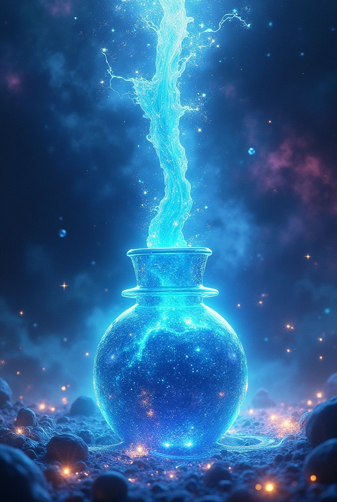 *1. Constellation and Galaxy:** The constellation of Aquarius is represented by a large cosmic jar that is pouring a stream of stars and liquid light into space. The scene takes place in the middle of a vast nebula or galaxy with a rippling shape that blends with the stream of light.
**2. Cores e Efeitos:** The background is a vibrant blend of electric blue, Deep purple and shimmering silver. The stream of light flowing from the jar can be a neon blue and turquoise, contrasting against the galactic background. The liquid light effect should appear fluid and luminous, as if it were melting and spreading stars.
**3. Additional Elements:** Add details such as small planets and asteroids being bathed in the liquid light coming from the jar, creating a magical and expansive effect. Perhaps include some sparks or energy particles that accompany the flow of light.
**4. Texture and Style:** Utilize a style that combines fluid and ethereal elements with a futuristic touch. Textures that mimic water and cosmic energy, beyond glow and diffusion effects, will help to create a sense of continuous flow and galactic luminosity.