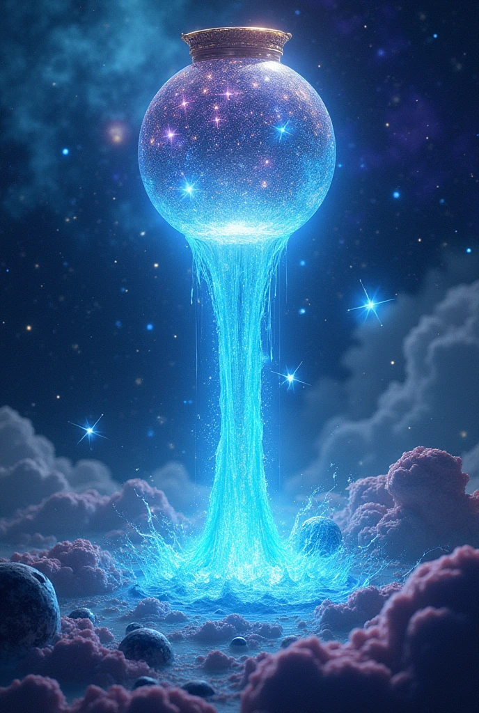 *1. Constellation and Galaxy:** The constellation of Aquarius is represented by a large cosmic jar that is pouring a stream of stars and liquid light into space. The scene takes place in the middle of a vast nebula or galaxy with a rippling shape that blends with the stream of light.
**2. Cores e Efeitos:** The background is a vibrant blend of electric blue, Deep purple and shimmering silver. The stream of light flowing from the jar can be a neon blue and turquoise, contrasting against the galactic background. The liquid light effect should appear fluid and luminous, as if it were melting and spreading stars.
**3. Additional Elements:** Add details such as small planets and asteroids being bathed in the liquid light coming from the jar, creating a magical and expansive effect. Perhaps include some sparks or energy particles that accompany the flow of light.
**4. Texture and Style:** Utilize a style that combines fluid and ethereal elements with a futuristic touch. Textures that mimic water and cosmic energy, beyond glow and diffusion effects, will help to create a sense of continuous flow and galactic luminosity.