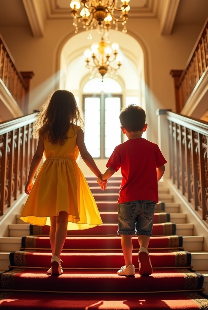 A boy with his back to the viewer is climbing the stairs of a hotel, holding hands with a girl who is also facing away.
