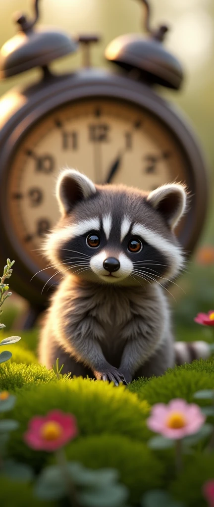 A captivating, high-quality 3D render of an adorable, extra fluffy baby raccoon, captured in a photograph. The raccoon is displayed in a conceptual setting that symbolizes innocence and the passage of time, with a vintage clock in the background. The soft, warm lighting adds a dreamy, ethereal quality to the image, while the baby raccoon's cute, curious expression invites the viewer to ponder the delicate balance between nature and civilization. The scene is filled with a sense of wonder and nostalgia, evoking a sense of childhood innocence and the beauty of the natural world., 3d render, photo, conceptual art