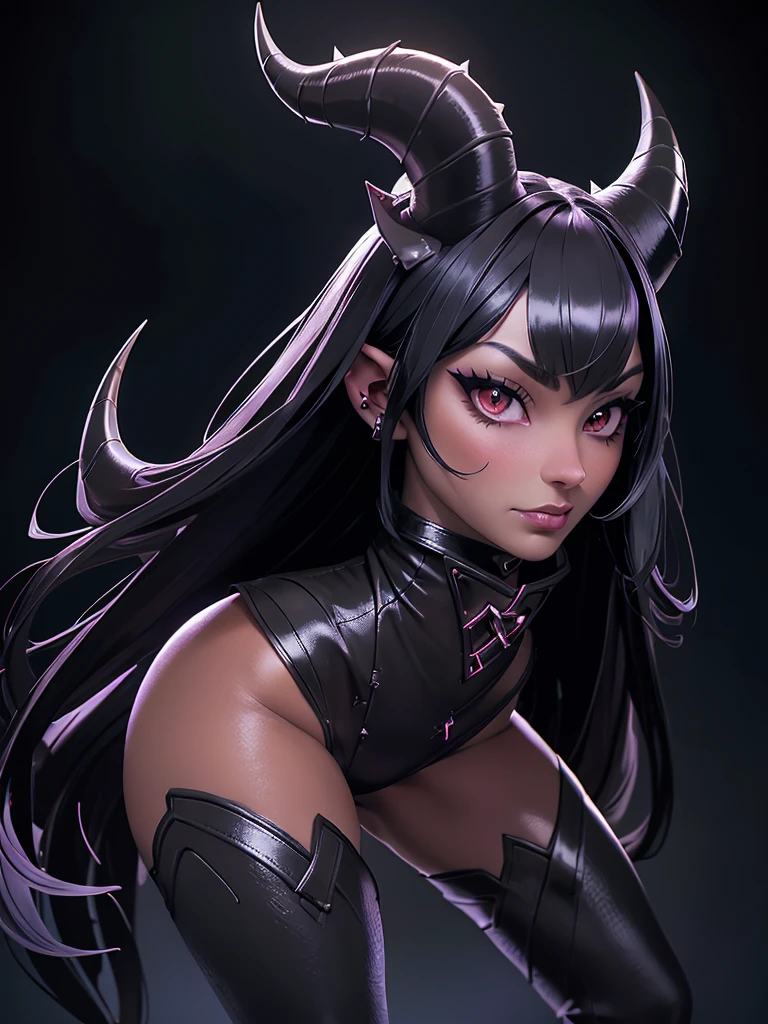 a dark-haired succubus woman, elegant detailed face, piercing gaze, full lips, sharp cheekbones, long eyelashes, ((small fine horns)), full body pose, tight leather outfit, seductive pose, dramatic lighting, dark moody atmosphere, cinematic high quality, intricate details, photorealistic, dramatic colors, chiaroscuro lighting