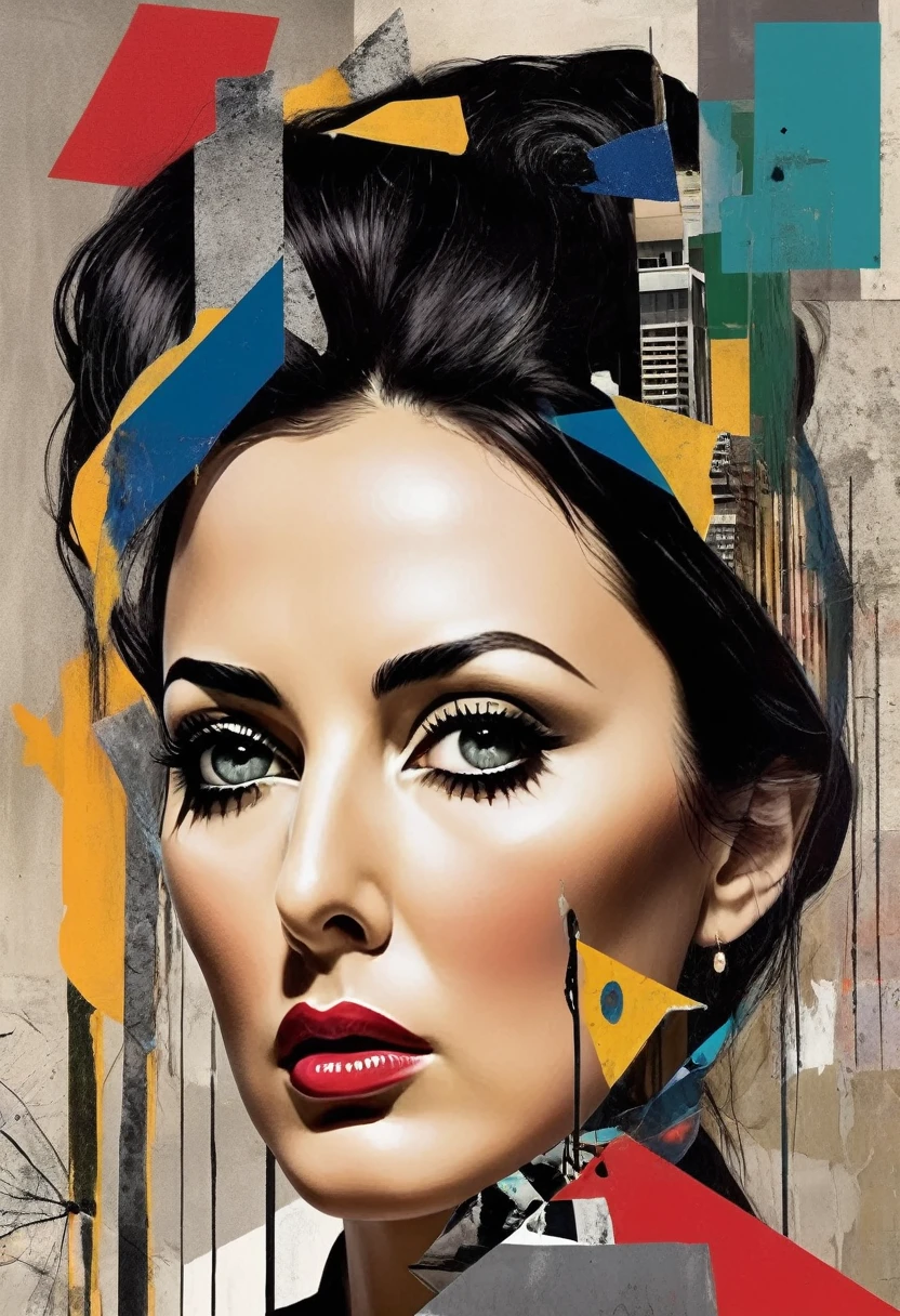 Monica Bellucci themed, Surreal and strange dislocation art:Collage, There are many different things on the faces, somber colors, Geometric Dislocation, Hollow, Artistic sense, Painting, paint, Simple, effect, Collage, Conceptual art, Dadaism, punk