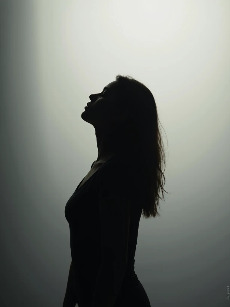 The image shows the silhouette of a person against a gradient background that transitions from light gray on the right to darker gray on the left. The figure is facing upwards, with their head tilted back, and the entire body is in shadow, creating a stark contrast with the background. The silhouette is simple, with no visible details on the person, emphasizing the shape and posture. The lighting condition is soft and diffused, with no harsh shadows or highlights, giving the image a calm and contemplative mood.
