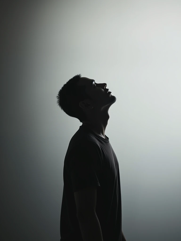 The image shows the silhouette of a person against a gradient background that transitions from light gray on the right to darker gray on the left. The figure is facing upwards, with their head tilted back, and the entire body is in shadow, creating a stark contrast with the background. The silhouette is simple, with no visible details on the person, emphasizing the shape and posture. The lighting condition is soft and diffused, with no harsh shadows or highlights, giving the image a calm and contemplative mood.
