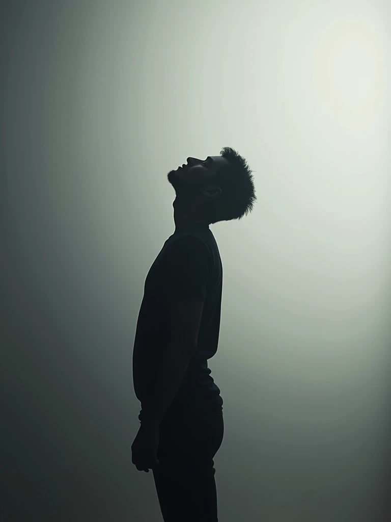 The image shows the silhouette of a person against a gradient background that transitions from light gray on the right to darker gray on the left. The figure is facing upwards, with their head tilted back, and the entire body is in shadow, creating a stark contrast with the background. The silhouette is simple, with no visible details on the person, emphasizing the shape and posture. The lighting condition is soft and diffused, with no harsh shadows or highlights, giving the image a calm and contemplative mood.