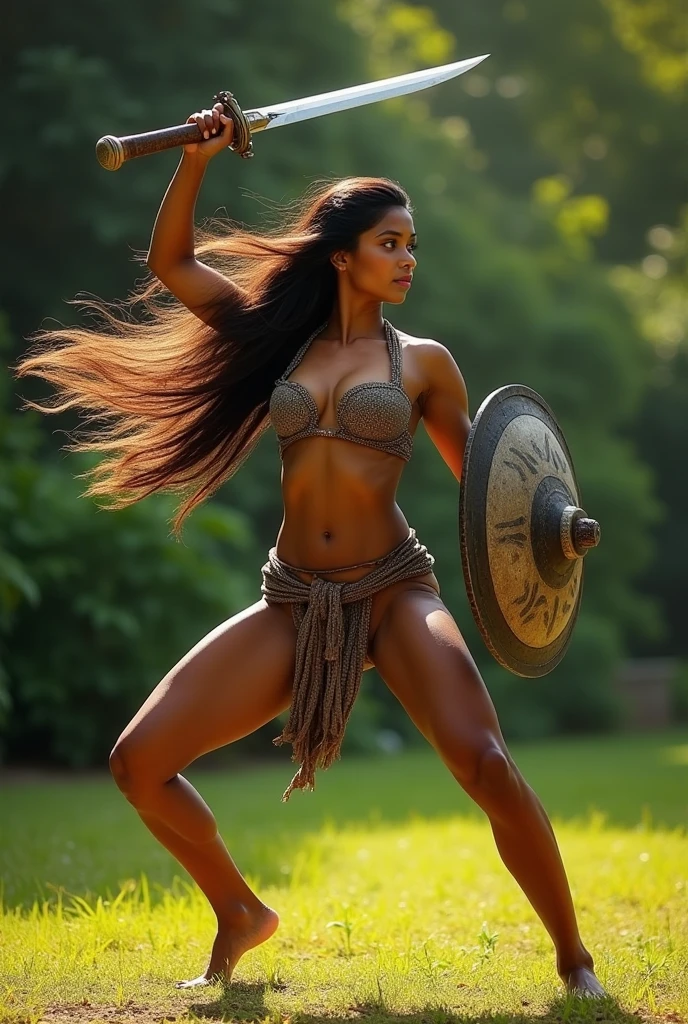 Kalaripayattu woman with sword on one hand above head and shield in the other hand, raising from the ground with warrior pose and one leg stretched and has very  eyes, fit body and long hair, facing the audience  in sunny  Her entire body with the weapon should be in a frame