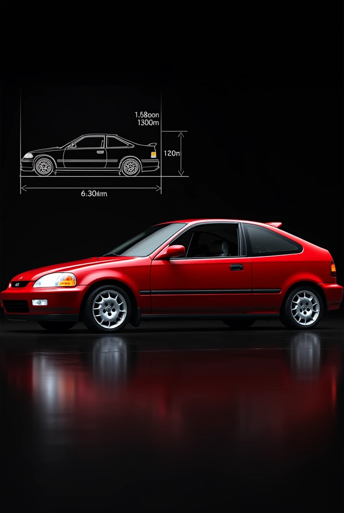 Create an image of a red 1996 Honda Civic Coupe with two doors.
It should have a futuristic black background with the Honda Civic wheel dimensions.
In the upper left corner, place the Honda Civic car with the body dimensions.