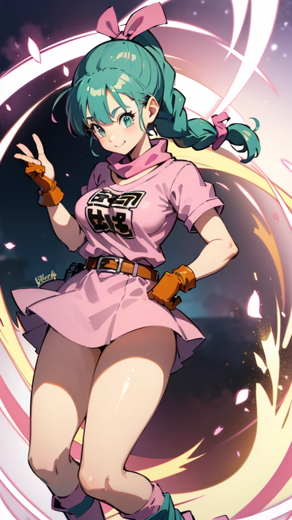 masterpiece, best quality, high resolution, dragon ball, blmpony, aqua hair, hair ribbon, braided ponytail, pink shirt, belt, scarf, pink skirt, clothes writing, brown gloves, big breasts, ultra mini pink dress, show perfect ass, upskirt ((half naked))) smiling, namekusei l background. 