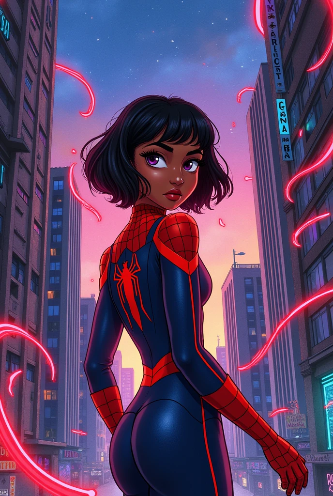 a brown girl with black eyes and short straight hair with bangs with red highlights on the back of her neck in the Spiderverse comics