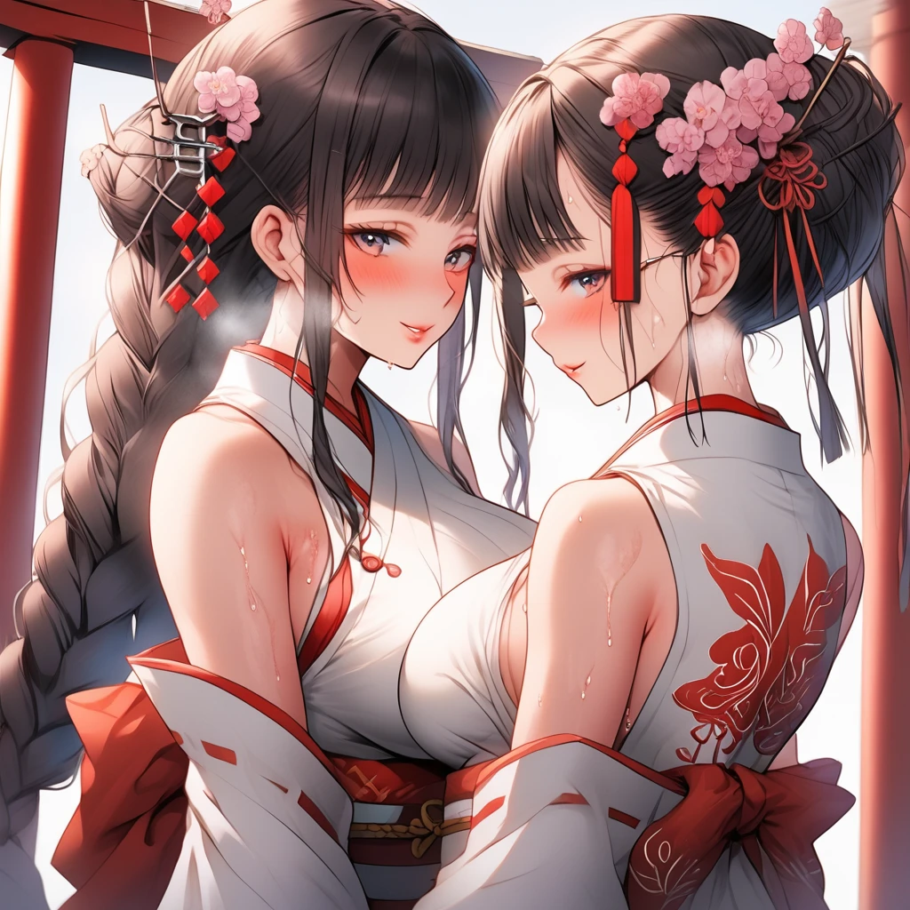 Two beautiful shrine maidens with large breasts and buttocks are hugging each other at the shrine, covered in sweat and showing through their clothes.