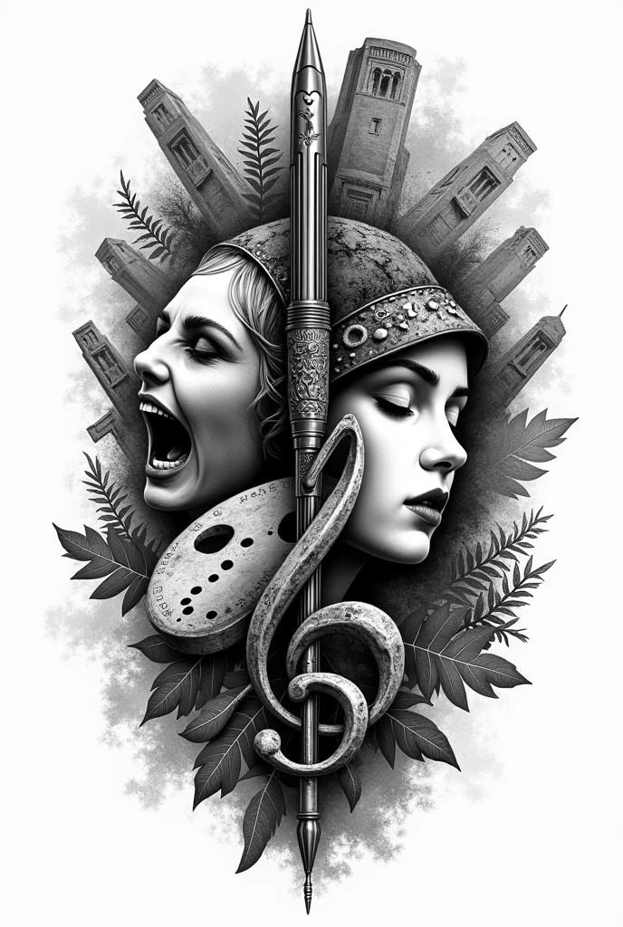 Create a black and white stamp logo
Pen
Painting palette
Theater mask
Cinema camera
Perspolis
Combination of Screaming of female face and the treble clef