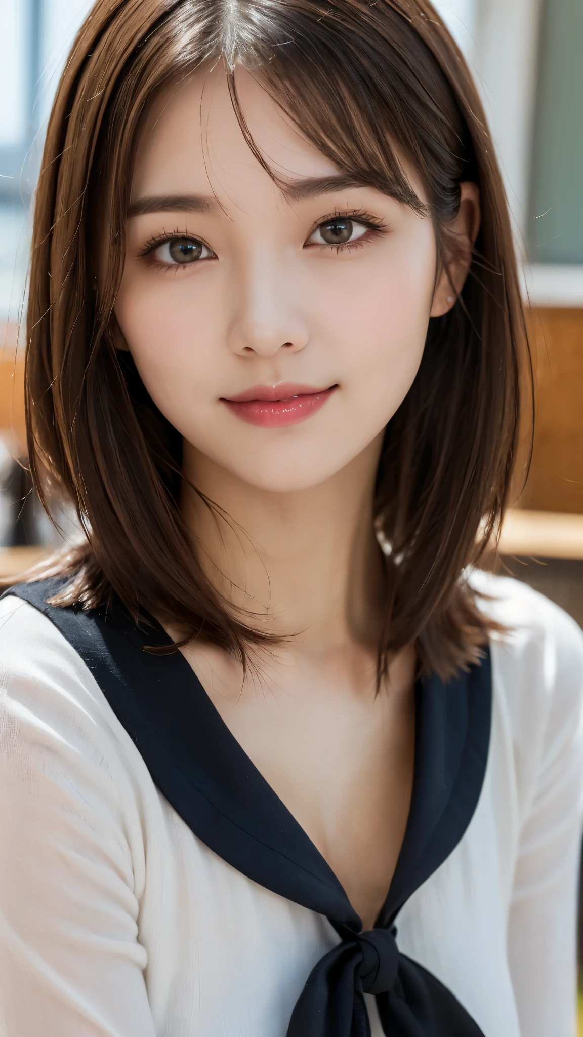 (masterpiece:1.3), (16k, photorealistic, RAW photo, best quality: 1.4),(photo of a beautiful Japanese girl), absurdres, attractive, ultra high resolution, ultra realistic, highly detailed, golden ratio, ultra detailed, super fucking beautiful detailed face, natural makeup, detailed cloth texture, detailed hair texture, beautiful detailed fullbody, Perfect female body, accurate, Anatomically correct, Highly detailed face and skin texture, (beautiful hands), (realistic skin), (beautiful pale skin:1.1), (Perfect dynamic composition, looking at viewer, full body shot:1.3),
BREAK,
realistic eyes, beautiful detailed eyes, symmetric eyes, Light Brown eyes, Double eyelids, Thin eyebrows, (Glossy lips:1.4), ((A face with waiting for a kiss, Seductive smile:1.2)), (weat skin, blush:1.1),
BREAK,
((short hair, bob, Dark blonde hair, bangs, pin:1.2)), (Daytime, classroom:1.3), (school uniform, sailor suit:1.3)