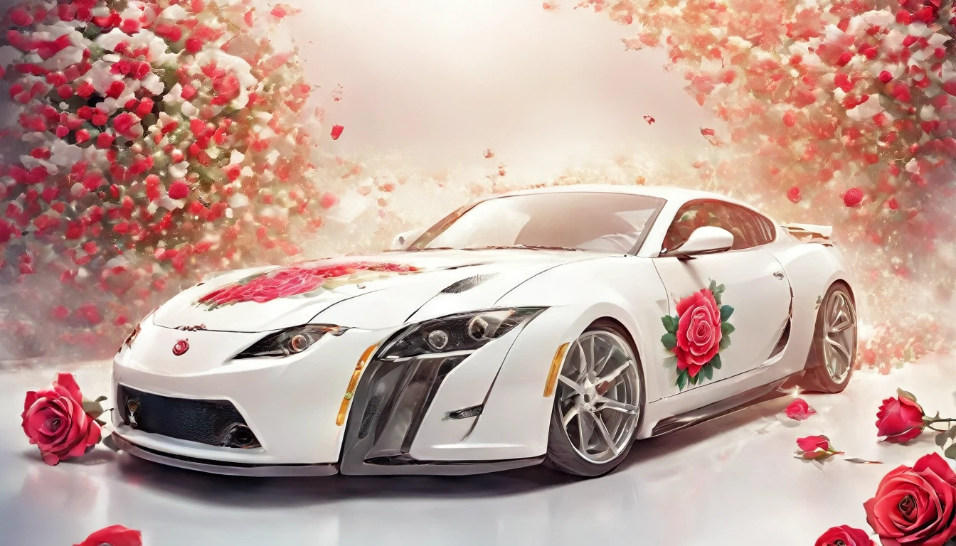 a picture of a (white sports car: 1.4) with (roses: 1.5) imprints on it, dynamic background, Ultra-high resolution, High Contrast, (masterpiece:1.5), highest quality, Best aesthetics), best details, best quality, highres, 16k, (ultra detailed: 1.5), masterpiece, best quality, (extremely detailed) RAW, (ultra details, Masterpiece, best quality), Cinematic Hollywood Film, NRART, roses